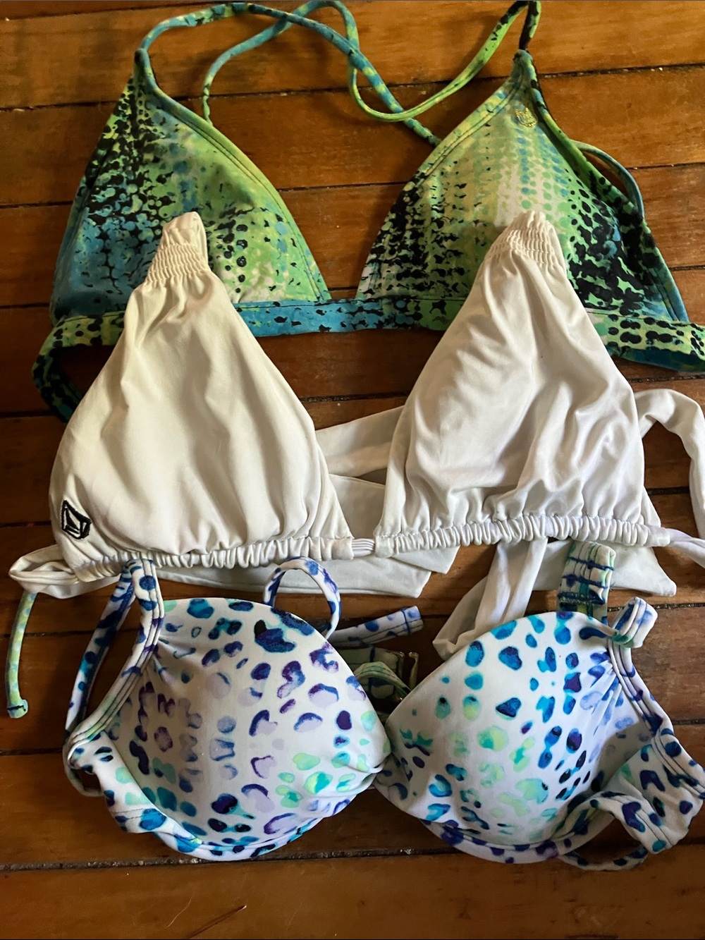 Volcom Women's Swim Bikini Tops - Green, Blue & White Mix